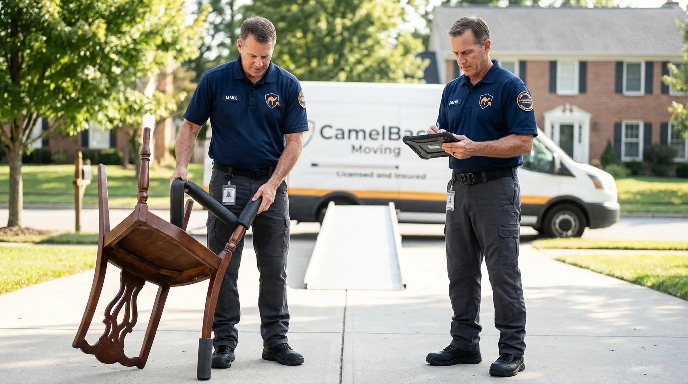 Movers inspecting furniture for damage prevention before loading in Chesterfield, MA